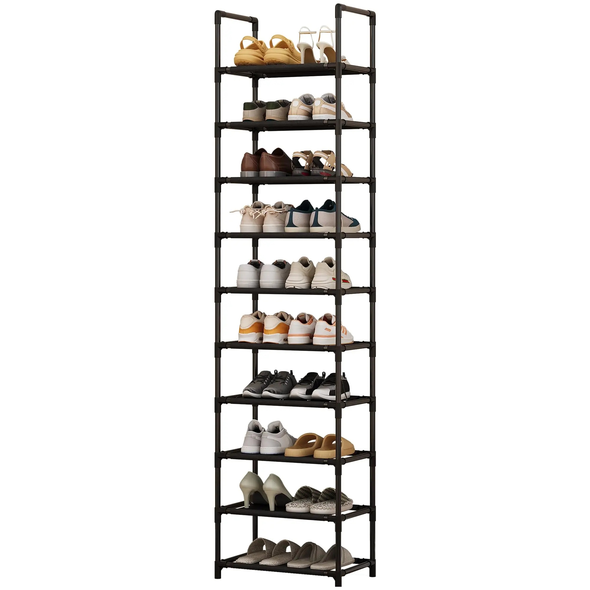 10-Tier Tall Narrow Shoe Rack, Freestanding Shoe Storage Organizer with Metal Frame & Fabric Shelves, Space Saving Vertical Shoe Shelf for Entryway, Closet