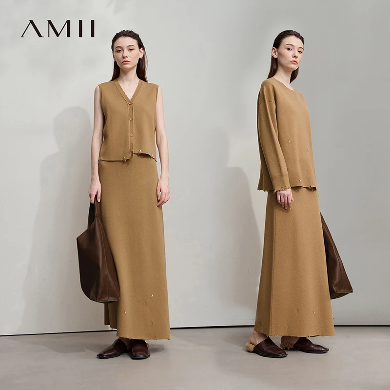 AMII Women's Minimalism Skirt 2026 Autumn New Solid Knitted Tops O-Neck Loose Medium Sweater Separate Ladies Clothing 12554006
