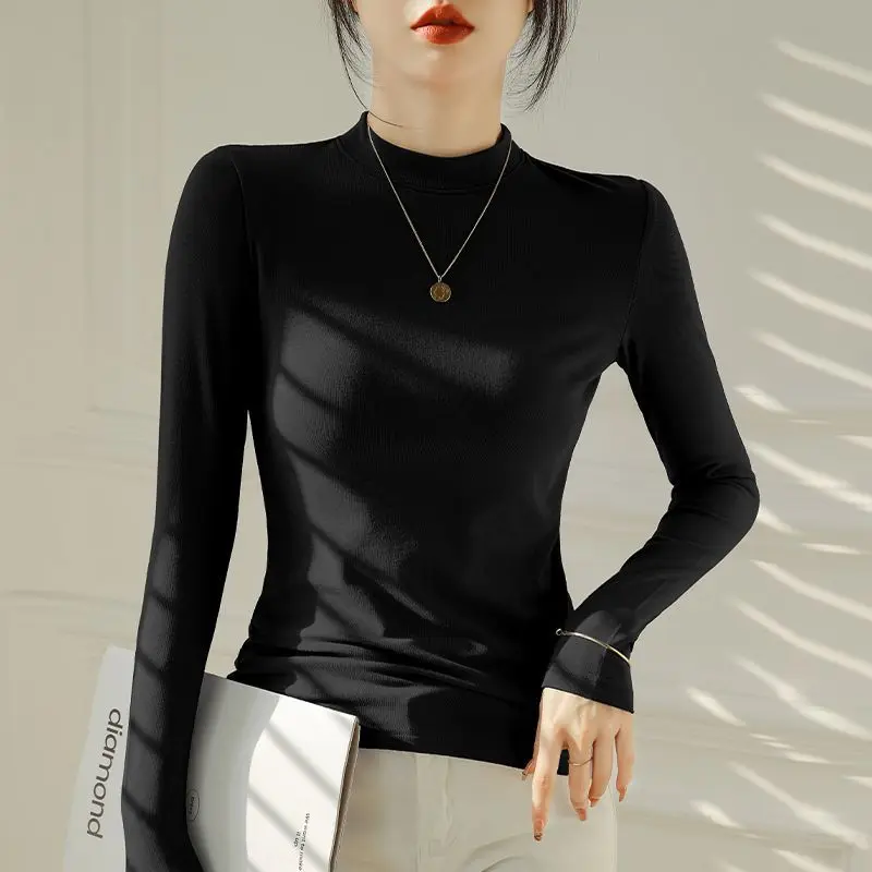 

Women 2024 Autumn Winter New Modal Stand Collar T Shirt Female Slim Bottoming T-shirt Ladies Long Sleeve Pullover Tops Tees H310