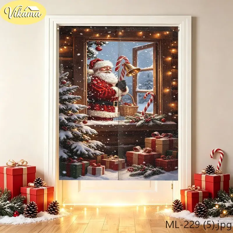 VIKAMA Santa Cabin Window Christmas Door Curtain, HD Print Easy Hang Door Cover, Winter Holiday Front Door Decor