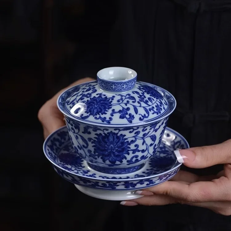 1PC Jingdezhen Blue and White Porcelain Spot Worker Entangled Lotus Sancai Cover Bowl Antique Large Household Kung Fu Master Cup