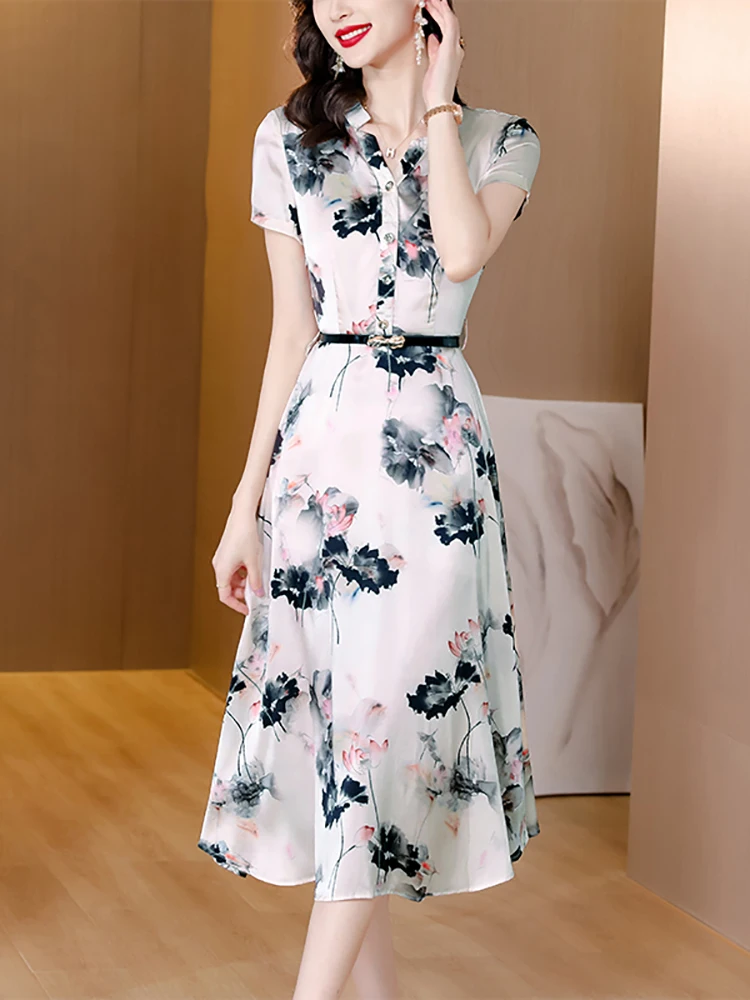 Frauen neue Acetat Satin Kurzarm Midi Kleid Sommer Mode Blumen lässig Strand kleid koreanische elegante Bodycon Party kleid