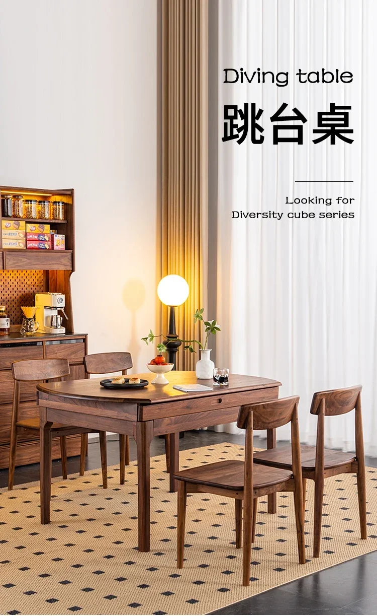 North American Black Walnut Round Table All Solid Wood Retractable Dining Table Household