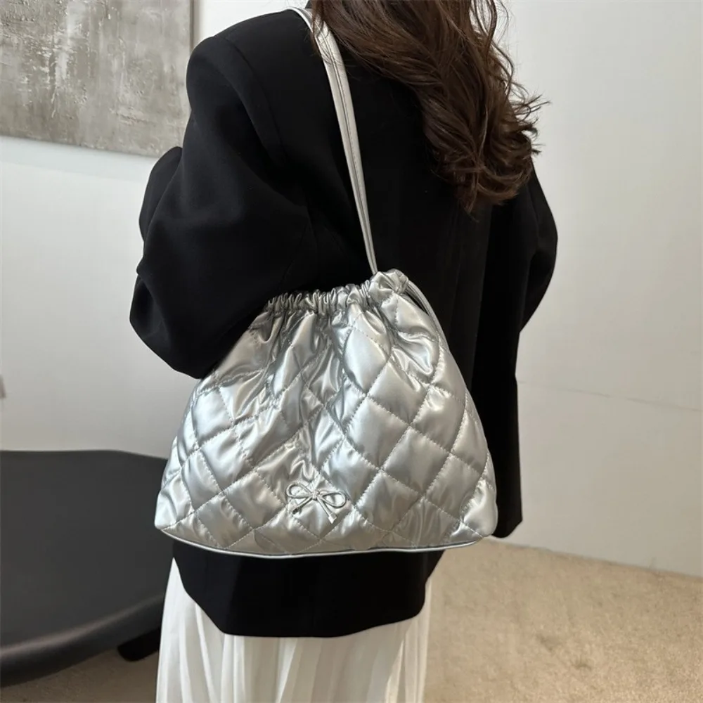 

Elegant Plaid Bow Shoulder Bag Large Capacity Solid Color Plaid Drawstring Handbag Chain Korean Style Cloud Underarm Bag Travel