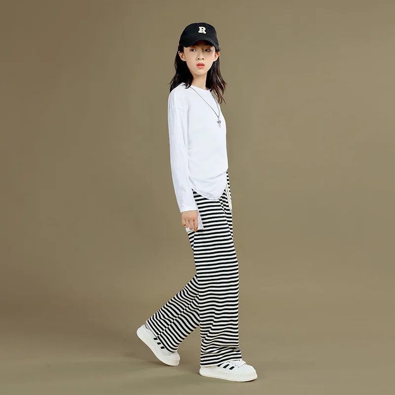 Baby Girl Clothes Suit Black and White Striped Wide-leg Pants Fall 2024 New Spring and Autumn Sense Children Casual Pants