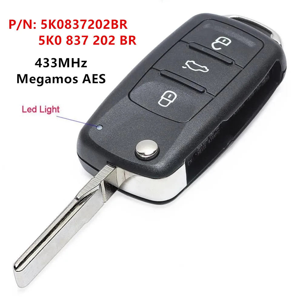 

KEYECU Replacement Flip Smart Remote Key For VW MQB 3 Button 434MHz MEGAMOS AES KEYLESS GO Part No: 5K0837202BR 5K0 837 202 BR