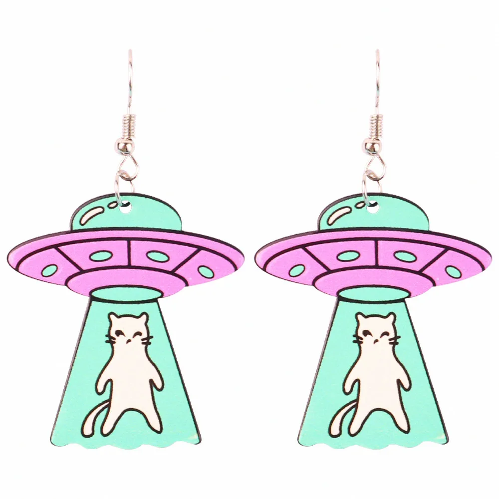 Funny Acrylic UFO Spaceship Cat Drop Earrings for Women Fashion Cartoon Aliens Animal Pendant Earring Party Jewelry Gifts