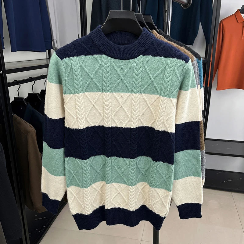 Men's Knitted Sweater Color Block Stripe Design Thickened Warm Crew Neck Autumn Winter Fashion Casual Classic Trend Men's Wear