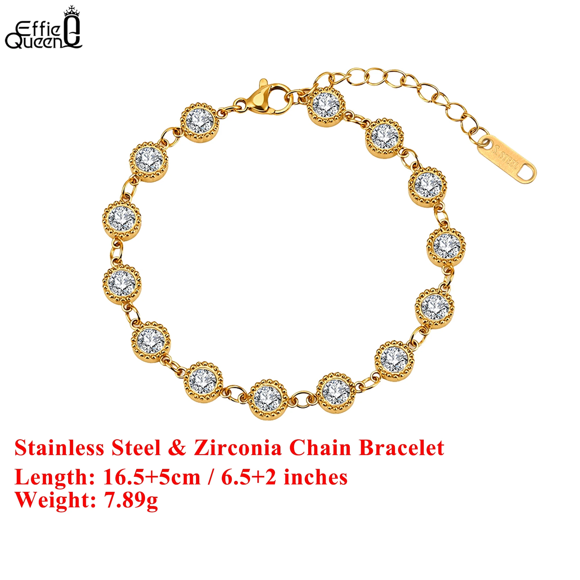 EFFIE QUEEN Stainless Steel 18k Gold Zirconia Tennis Chain Bracelet Ideal Jewelry for Women, Men Wedding Party Banquet SKTB01