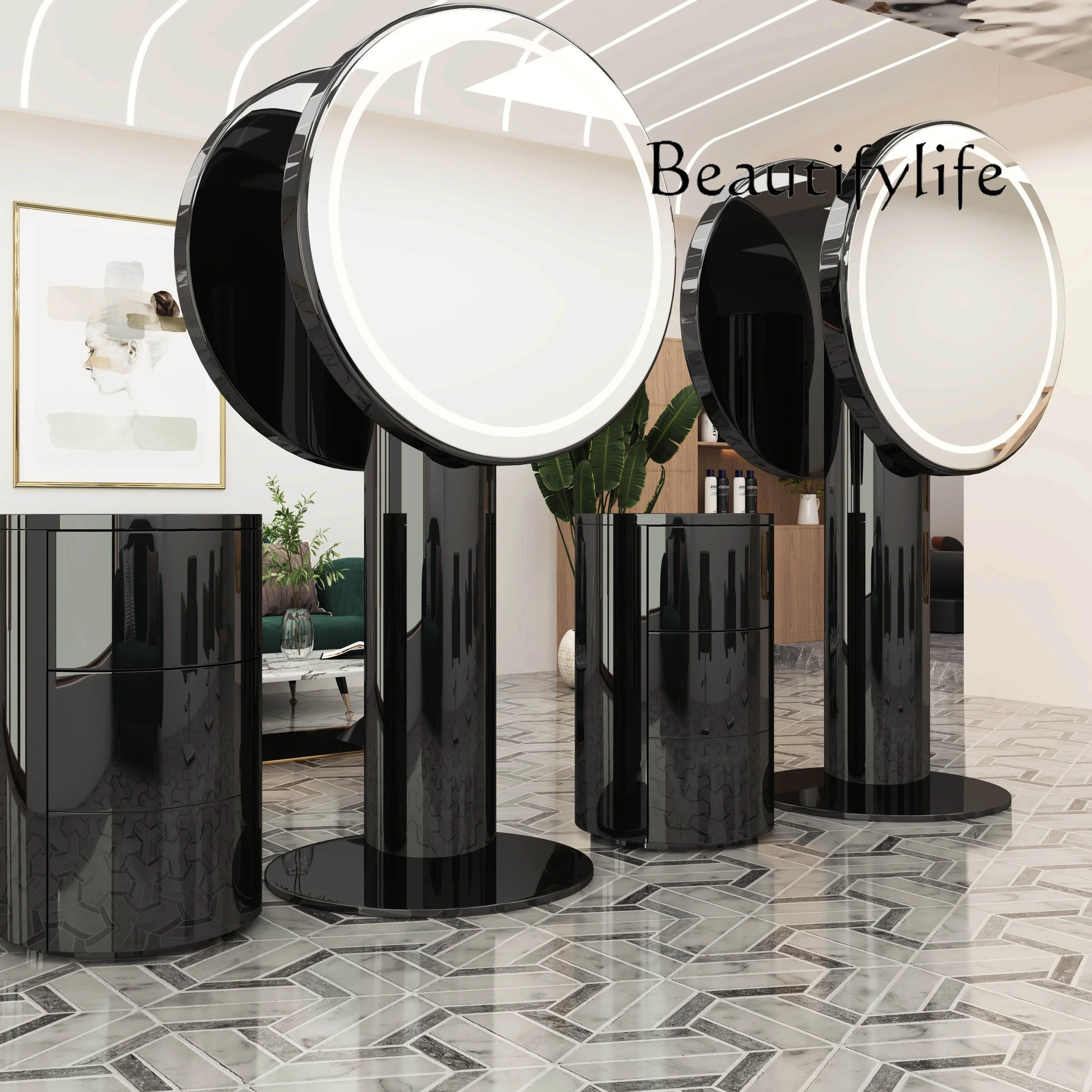New high-end barber shop mirror table hairdressing VIP stainless steel floor perm and dye hair cutting mirror
