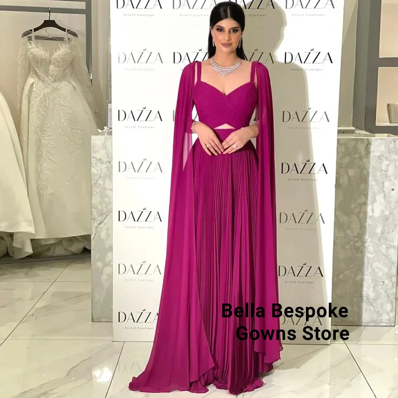 

Fuchsia Chiffon Evening Dresses with Cape Sleeves Yellow Arabic Elegant Women Wedding Formal Gowns Customized