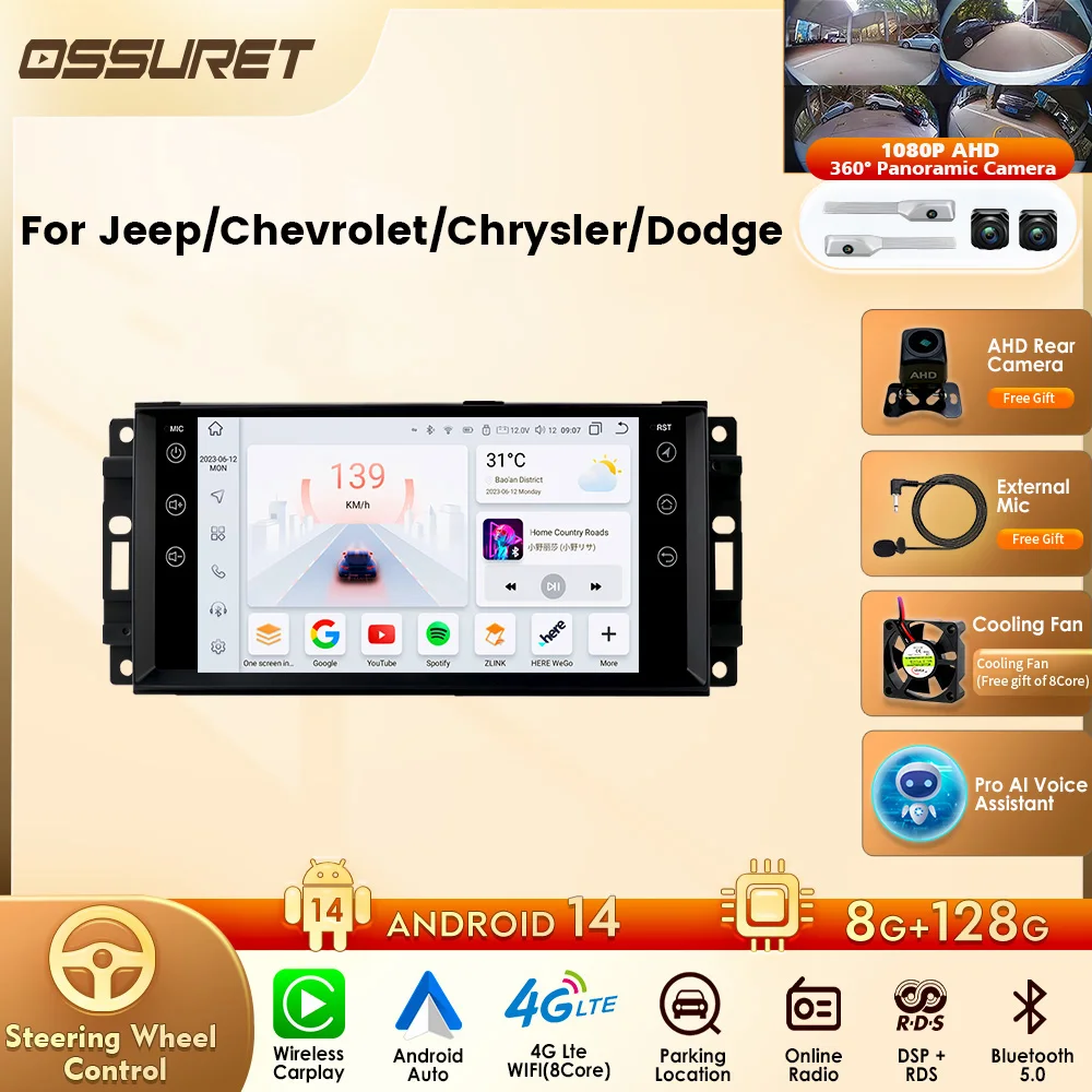 8 Core 8G + 128G Android 14 Autoradio Multimediale per Jeep Cherokee 2009 2008 2010 Wrangler Auto Stereo per Dodge GPS per Chrysler