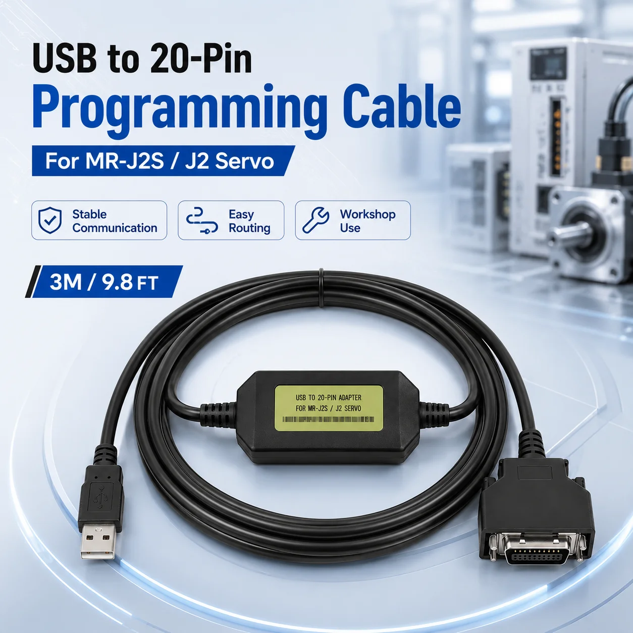 USB-MR-CPCATCBL3M 3M Servo Programming Cable, USB to 20-Pin Download Lead for Mitsubishi MR-J2S/MR-J2 Series