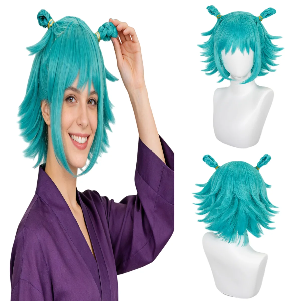 Role playing wig blue medium long straight hair Halloween, pre made uncut wig, heat-resistant synthetic wig, bangs wig