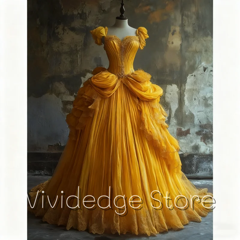 

Customized Cosplay Elegant Princess Ball Gowns V-Neck Short Sleeve Beaded A-Line Pleated Floor Length Bright Yellow Evening Gown