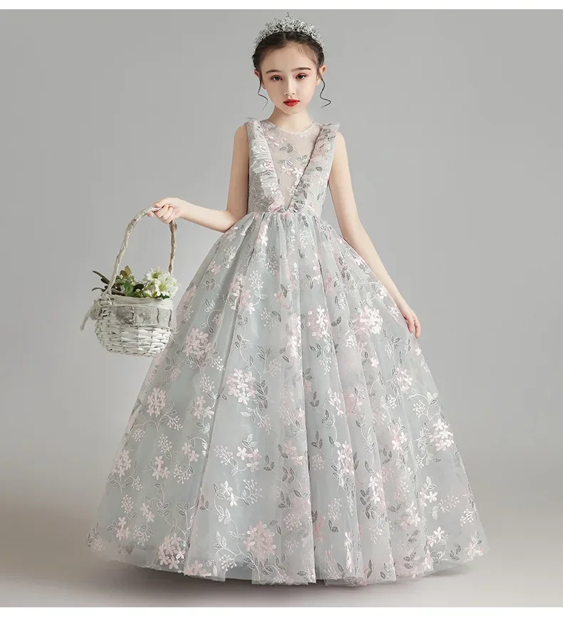 

Fluffy Tulle Flower Girl Dresses Gray Lace Embroidery Floral Prom Gown Pageant For Weddings Kids Party Holy Communion Costume