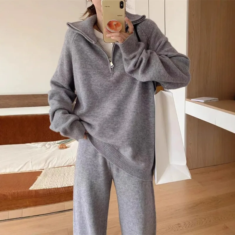 

Lapel Half Zipper Loose Pullover Sweater Set Women's Autumn and Winter New Casual Wide-leg Trousers Knitted Two-piece Set Women