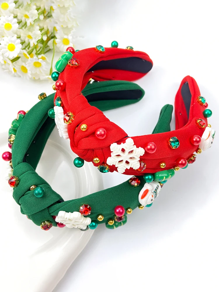 ที่คาดผมคริสต์มาสสำหรับผู้หญิง 1 ชิ้น ลายเกล็ดหิมะสีแดงและเขียว ประดับมุกและเพชร ขอบกว้าง ดีไซน์หรู