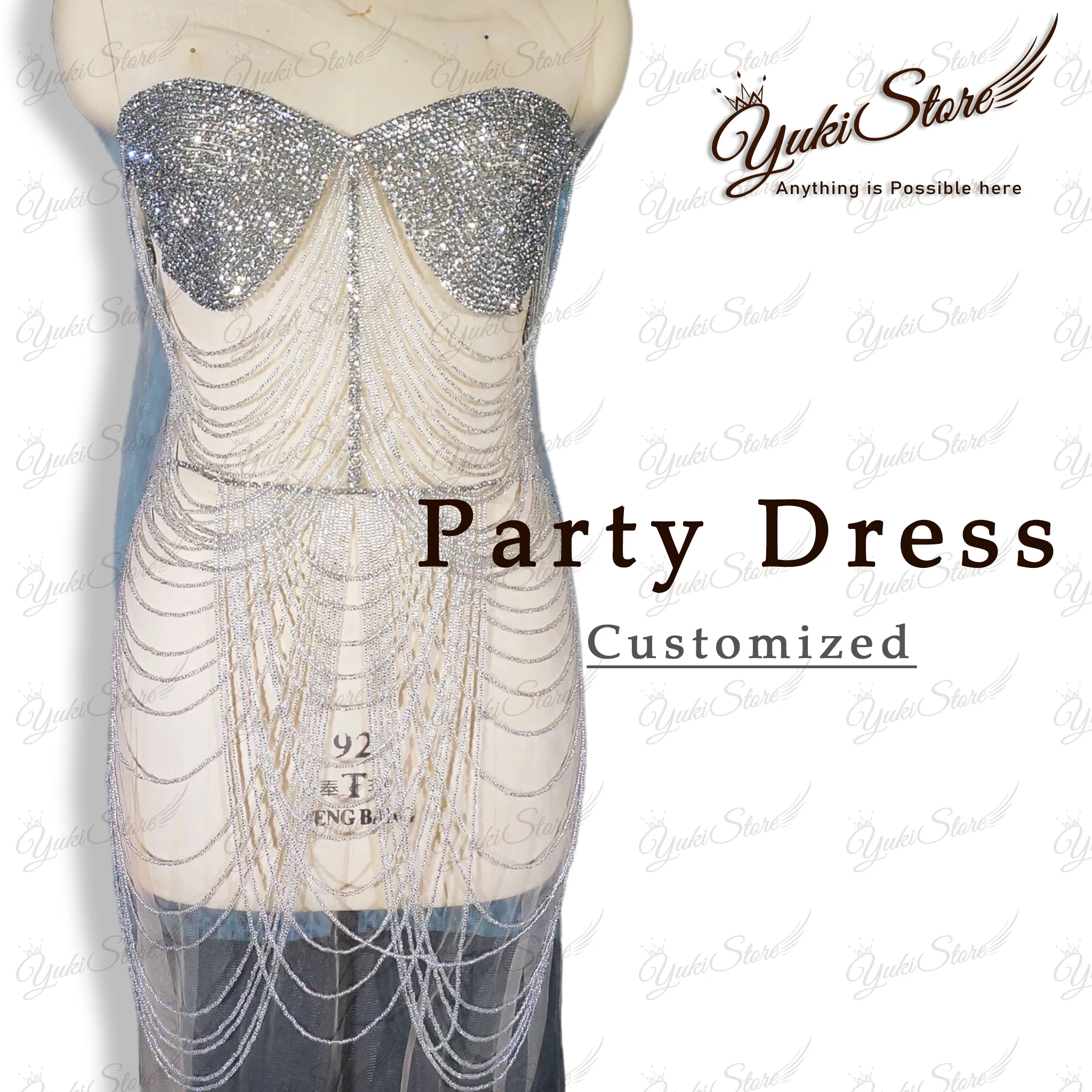 

Sparkly Silver Rhinestones Chains Sexy Transparent Dress Evening Birthday Prom Party Crystals Fringes Outfit Costume JY012