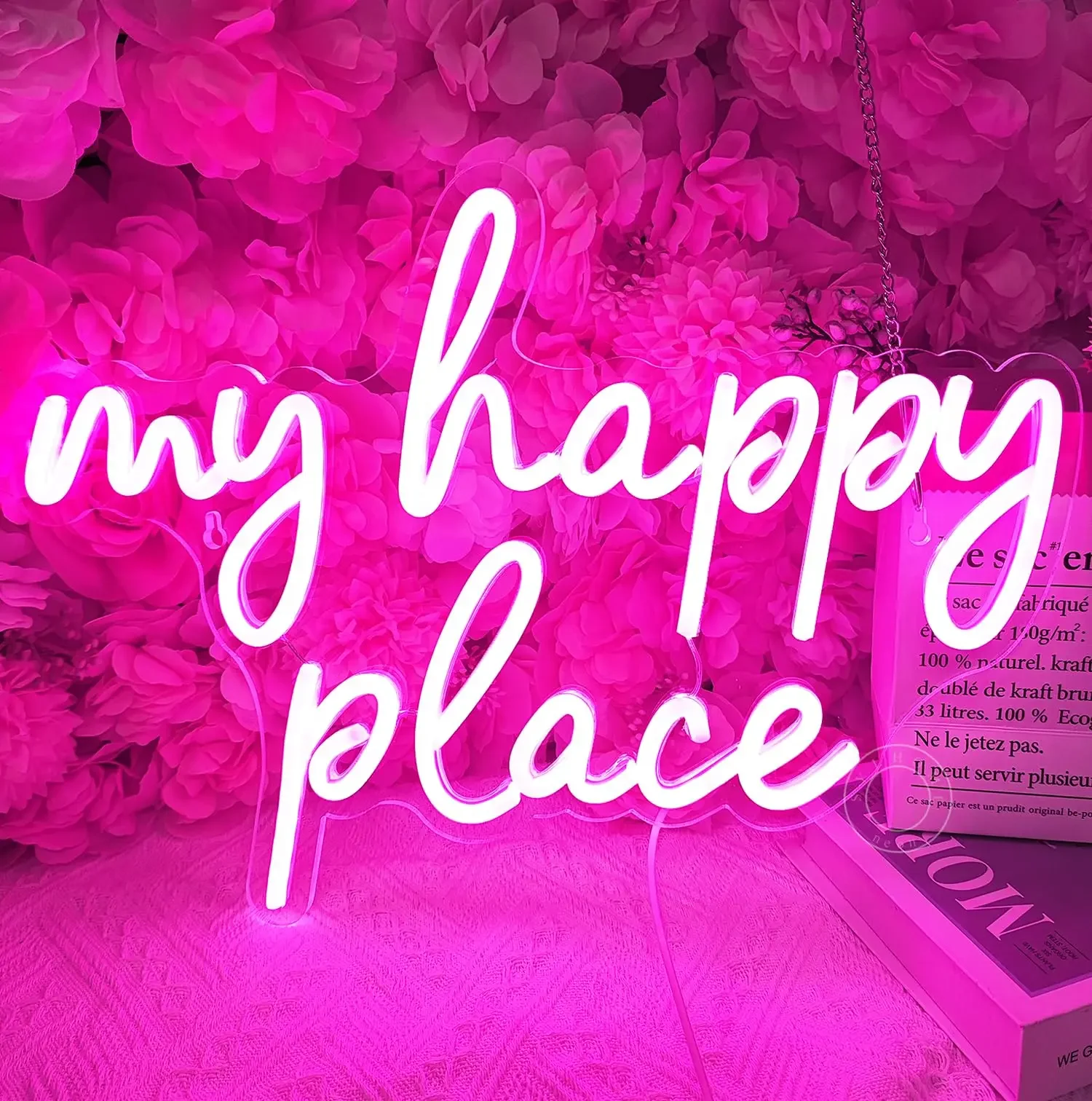 My Happy Place Neon Sign LED Light up My Happy Place Sign for Wall Decor Pink Neon Lights Neon Letters Room Aesthetic Accessory