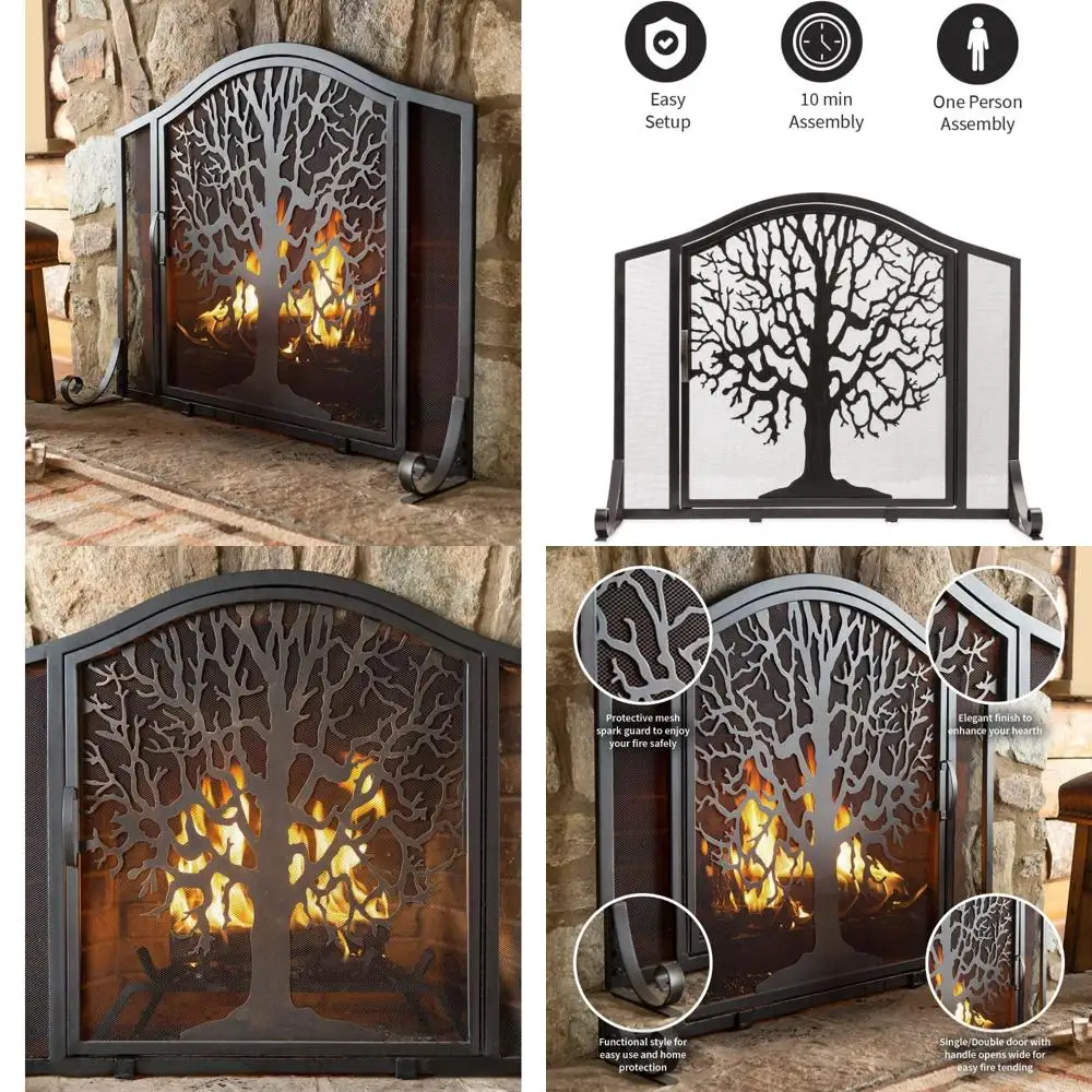 

Metal Fireplace Screen with Tree of Life Design | 44 W x 33 H | Magnetic Door | Spark Guard | Freestanding