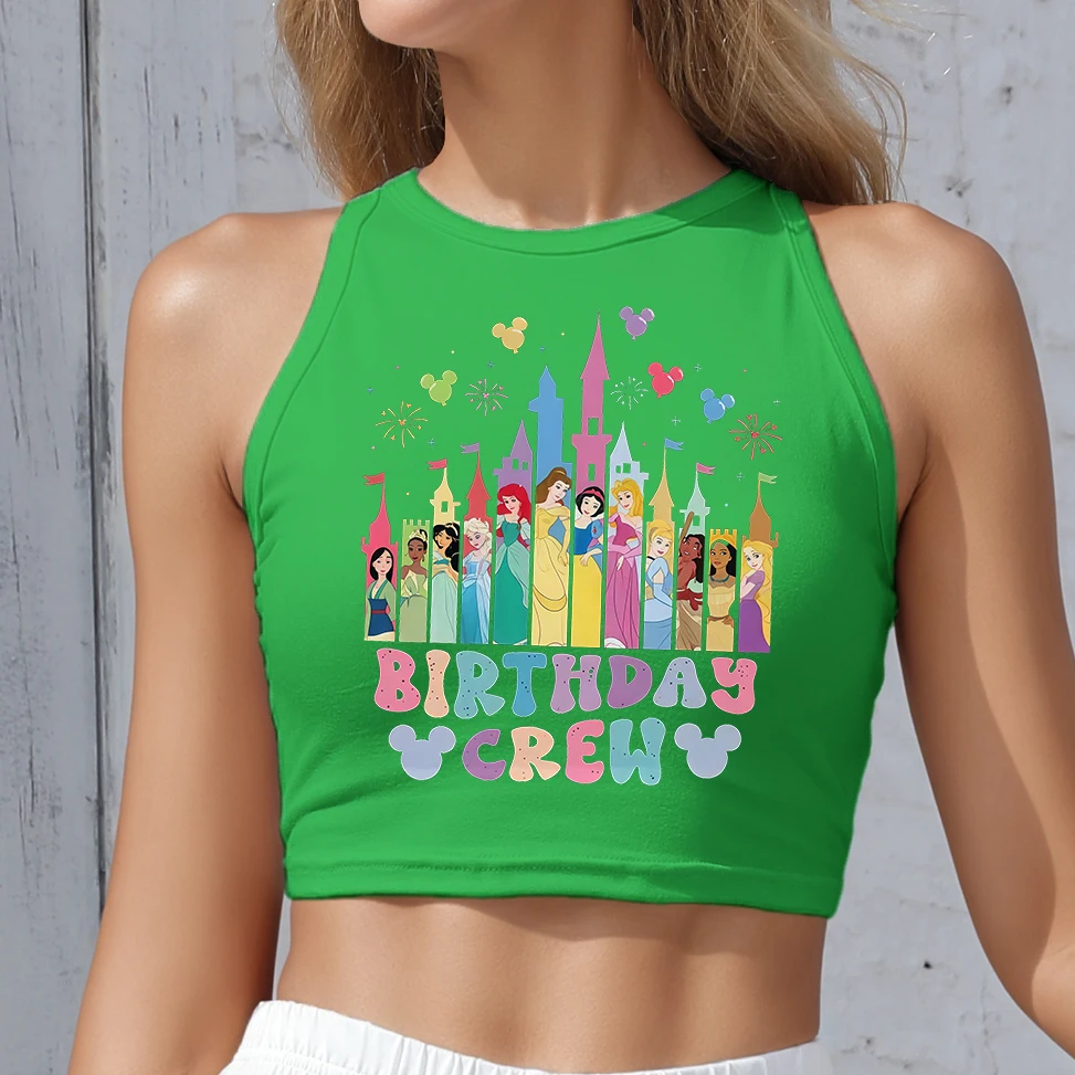 

Streetwear Mickey Minnie Crop Top Summer Female Shirt Disney T-shirt Round Neck Green Vest Sexy Sleeveless Tank Tops