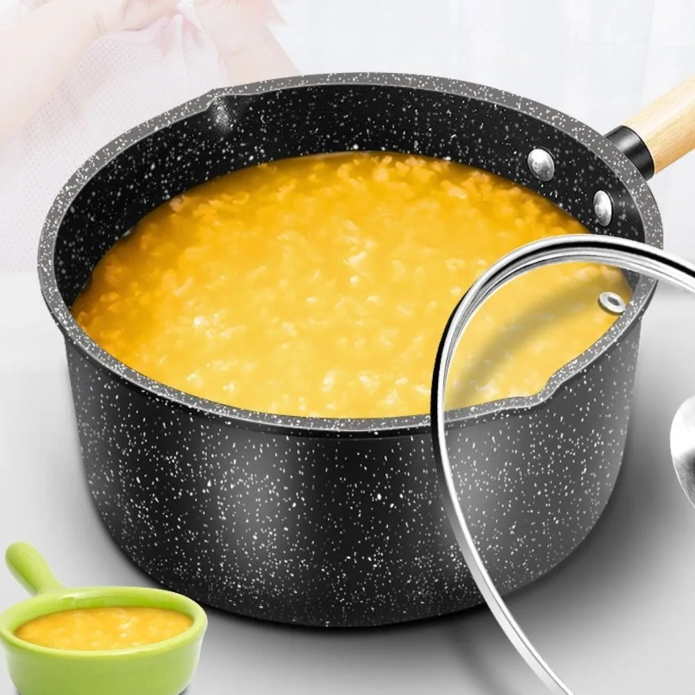 

Бытовая кастрюля с деревянной ручкой в японском стиле, стеклянная крышка, антипригарная кастрюля для молока, легкий дизайн, кастрюля для приготовления каши