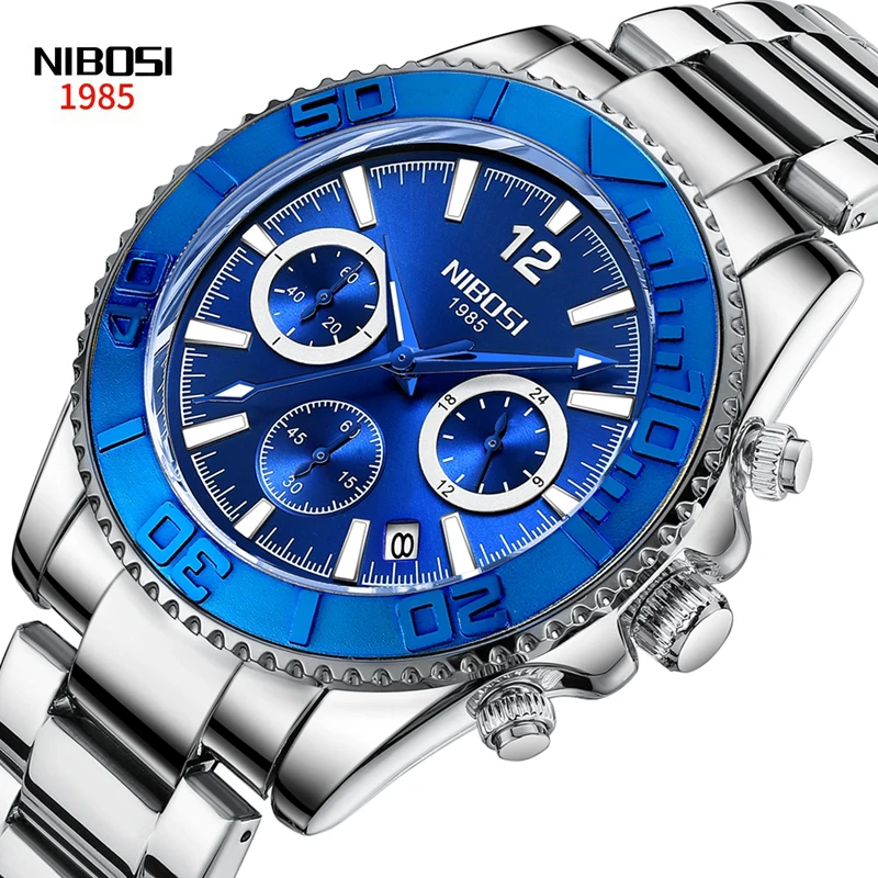 

NIBOSI Brand Sport Men's Watches Stainless Steel Chronograph Quartz Watch Men 24 Hour Luminous Blue Wristwatch Relogio Masculino