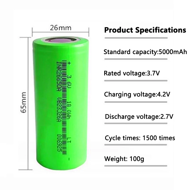 PURFIELD High Quality 26650 Battery 5000mAh 3.7V Lithium Ion Rechargeable Battery For 26650A LED Flashlight Laser Accumulator