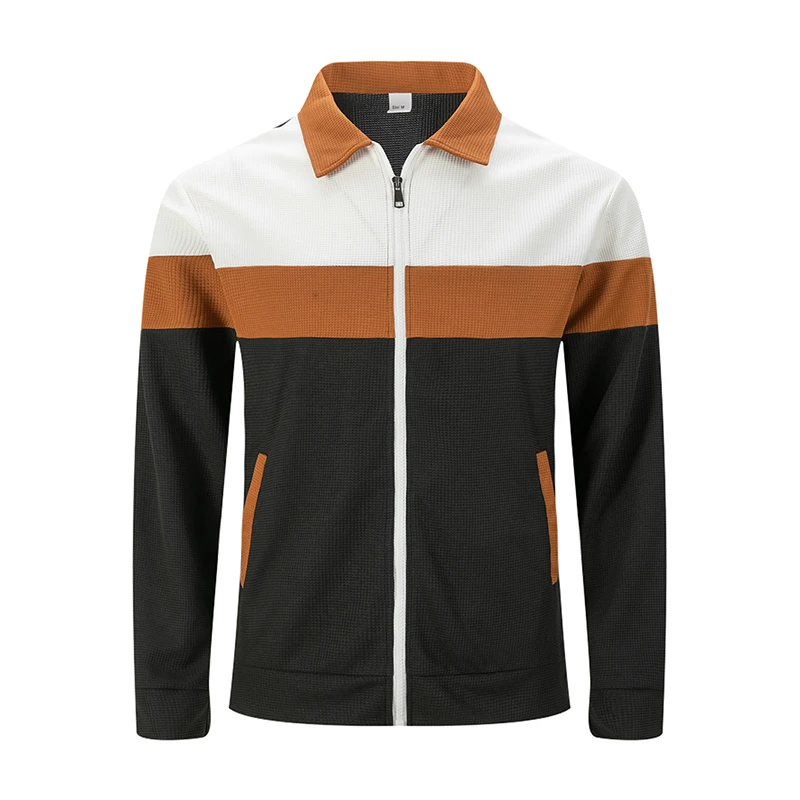 Vintage Waffle Knit Contrast Color Lapel Zip‑Up Jacket Mens Slim Fit Long Sleeve Autumn Lightweight Casual Outerwear Men