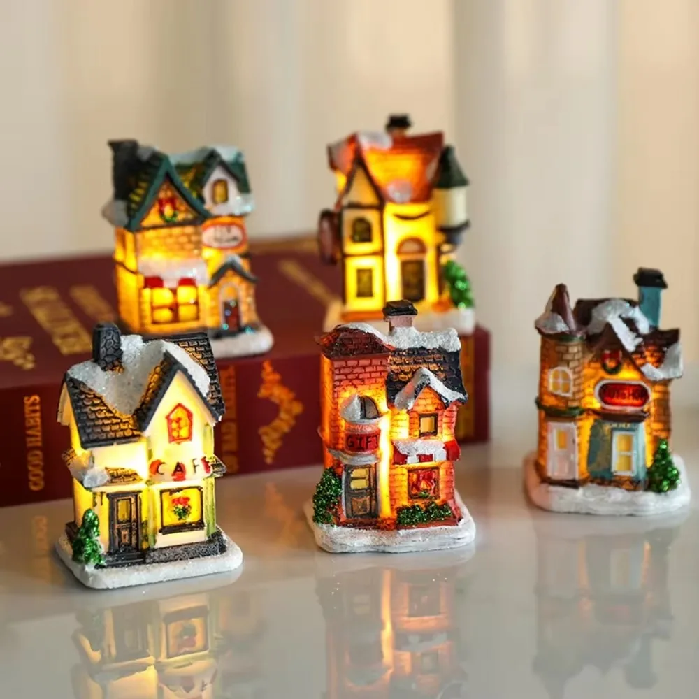 7x5x10cm Christmas Glowing Resin House Mini LED Light Up Cottage Figurine Home Window Desktop Ornament Xmas Holiday Small Gifts