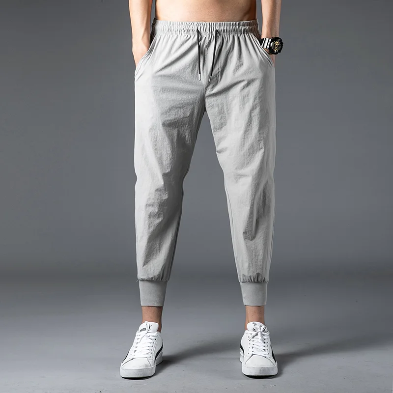 

2023 Spring And Summer Men's Pants Large Ice Silk Cropped Casual Pants Thin Fit Breathable Drawstring Ankle-Length Sweatpants