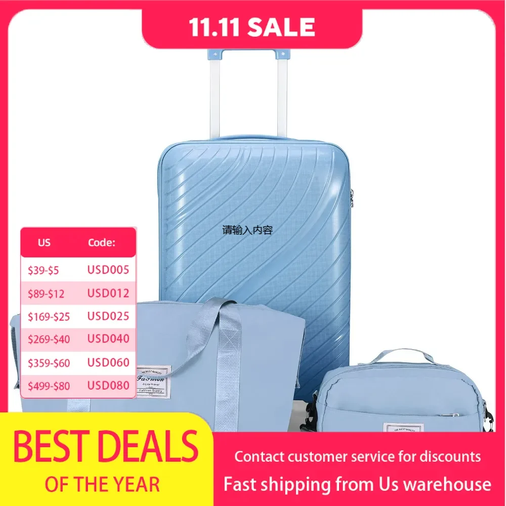 Three-piece 20-inch luggage case+handbag two-piece PP luggage case 20in PP material tie rod full color outdoor backpack