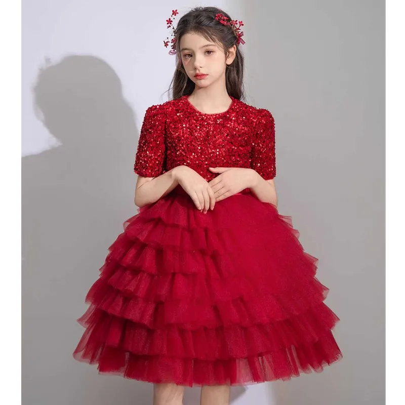 

Girls' Dress 2024 New Children's Sequin Princess Dress Fashionable tutu red Luxury Fluffy Dress Carnival Performance dress