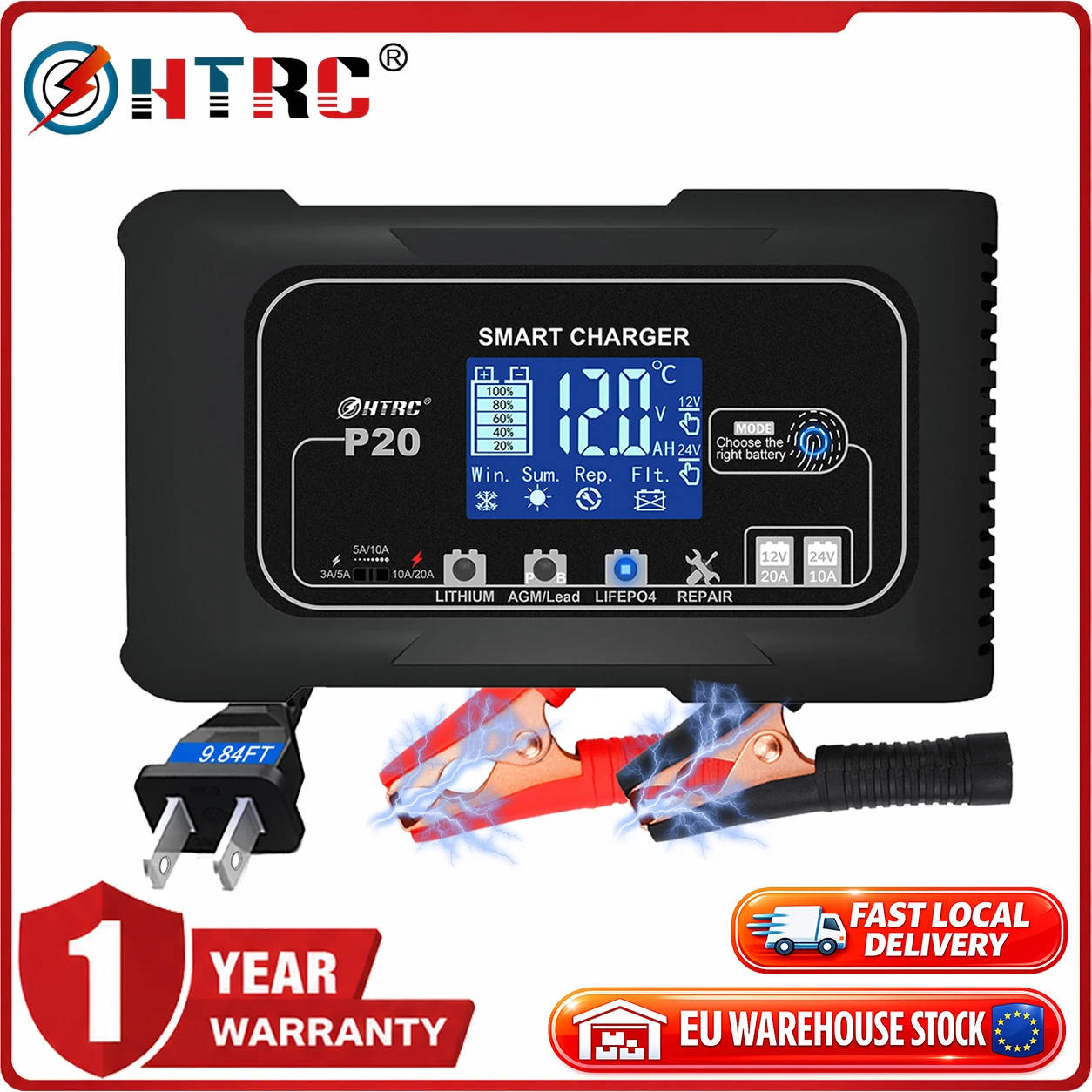 HTRC 20A 12V-24V P20 Battery Charger EU Stock for Smart Car Battery Charger Repair Auto Moto Lead Acid AGM GEL PB Lithium LiFePo4 Battery