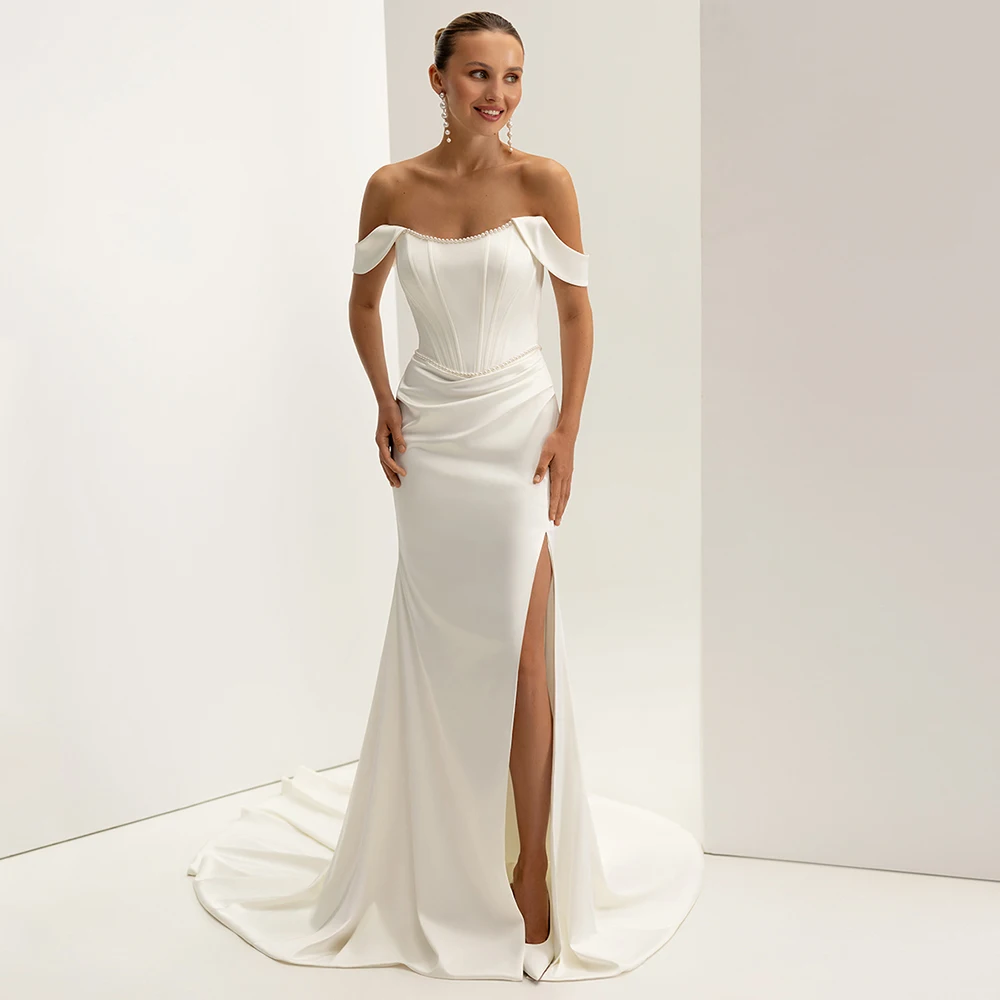 

Charming Women Off the Shoulder Pearls Mermaid Wedding Dress with Side Slit Customized Jersey Pleats Court Train Bridal Gowns