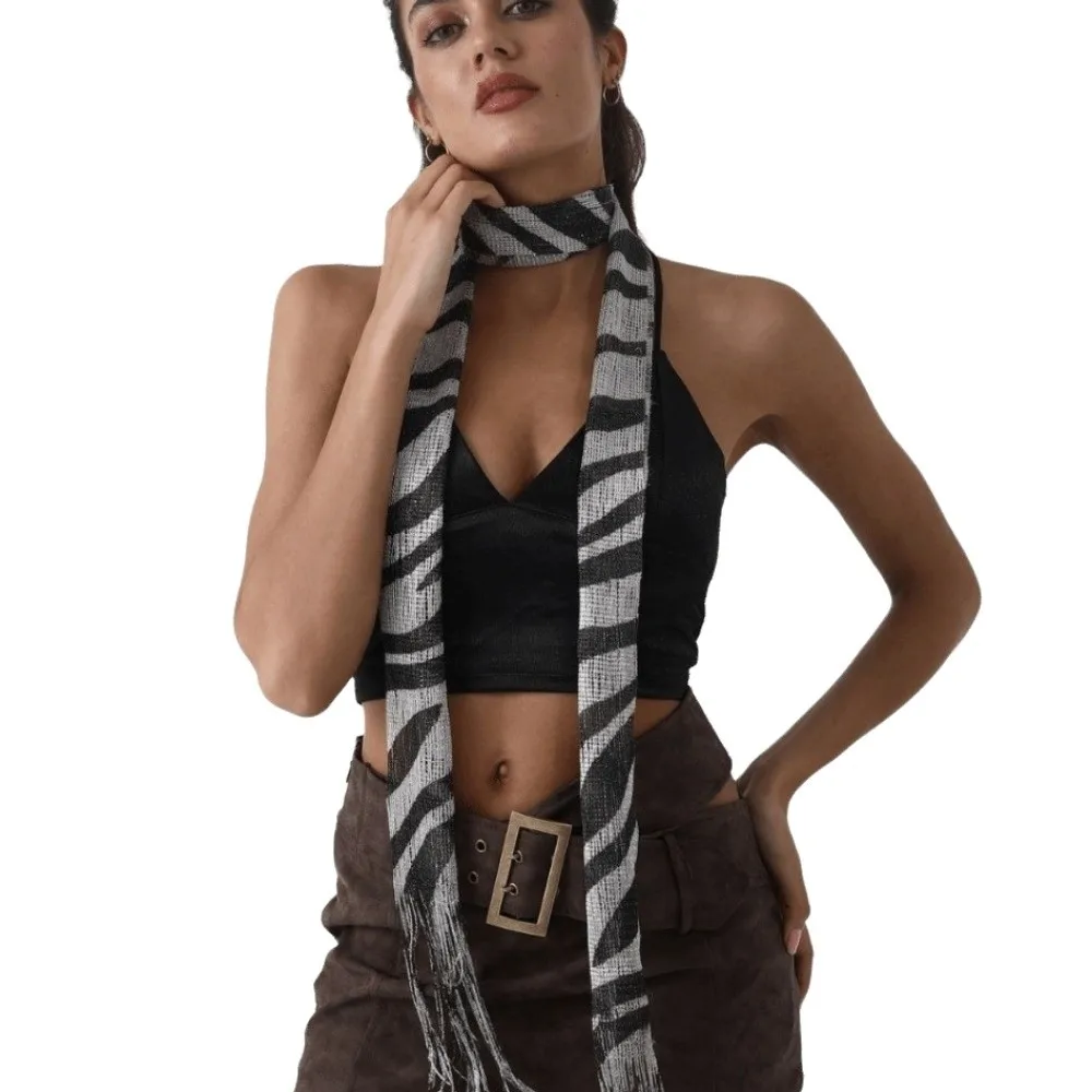 Simple Shiny Women Tassel Scarf Leopard Pattern Long Strip Tiger Stripes Fringe Shawl INS Fashion Thin Ribbon Scarf Daily Use