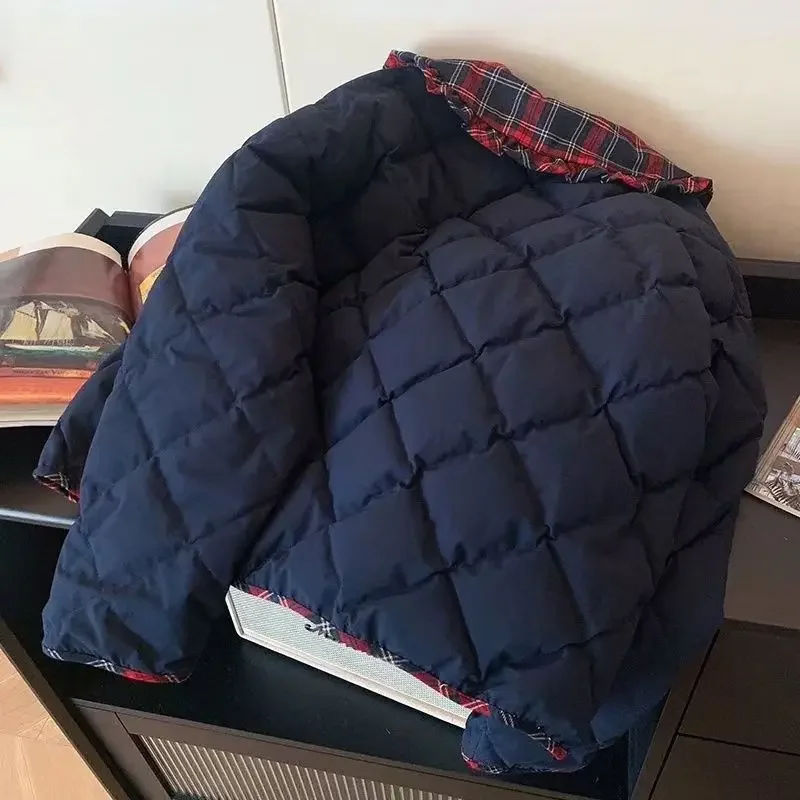 Korean Vintage Navy Pocket Lattice Edging Peter Pan Collar Cotton Parkas Winter Jacket Women Coat Short Thick Clothes Streetwear