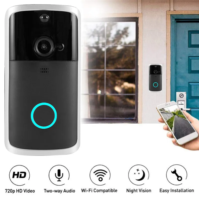 Campainha de vídeo M7 com modo de armazenamento duplo, visão noturna 720P, suporte para reprodução, WiFi 2.4GHz, celular, aplicativo Push, interfone, nuvem, cartão TF