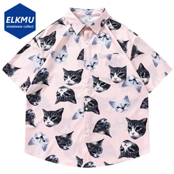 Camisas con estampado de gato para hombre, ropa de calle de gran tamaño, Hip Hop, Harajuku, blusa holgada de manga corta con botones, Verano