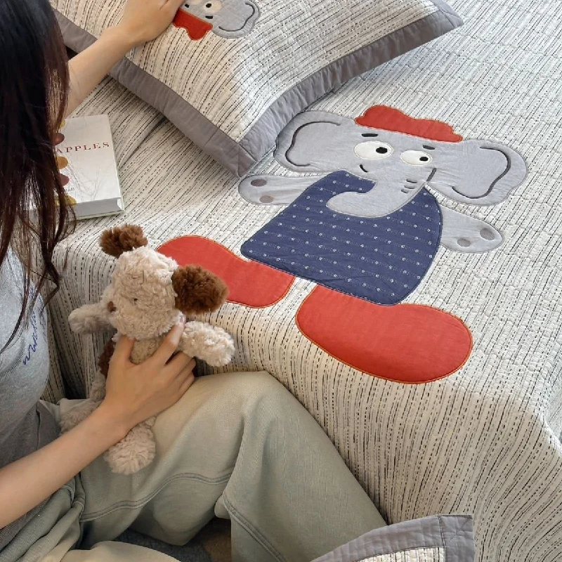 Grade A Cotton Double Gauze Cartoon Quilt Set,Soft Breathable Lightweight Kids Bedspread Coverlet 3Pcs Bedding Home Decor