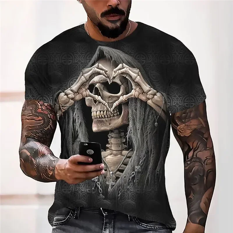 Men 3D Gothic Skull T Shirt Black Round Neck Short Sleeve Streetwear Halloween Eye Catching Fashion Casual Top 2026