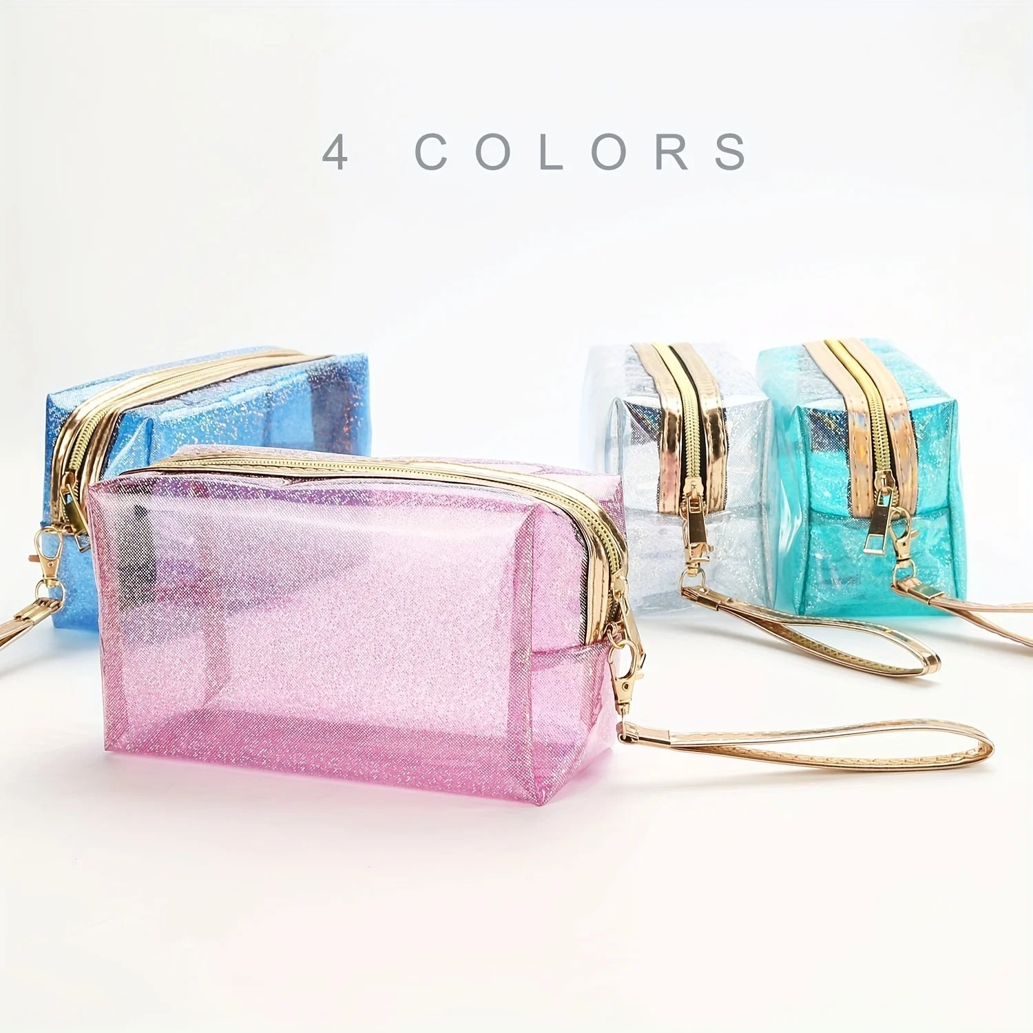 4Pcs Waterproof Cosmetic Bags PVC Transparent Zippered Toiletry Bag With Handle Strap Portable Clear Makeup Bag Pouch For Bathro