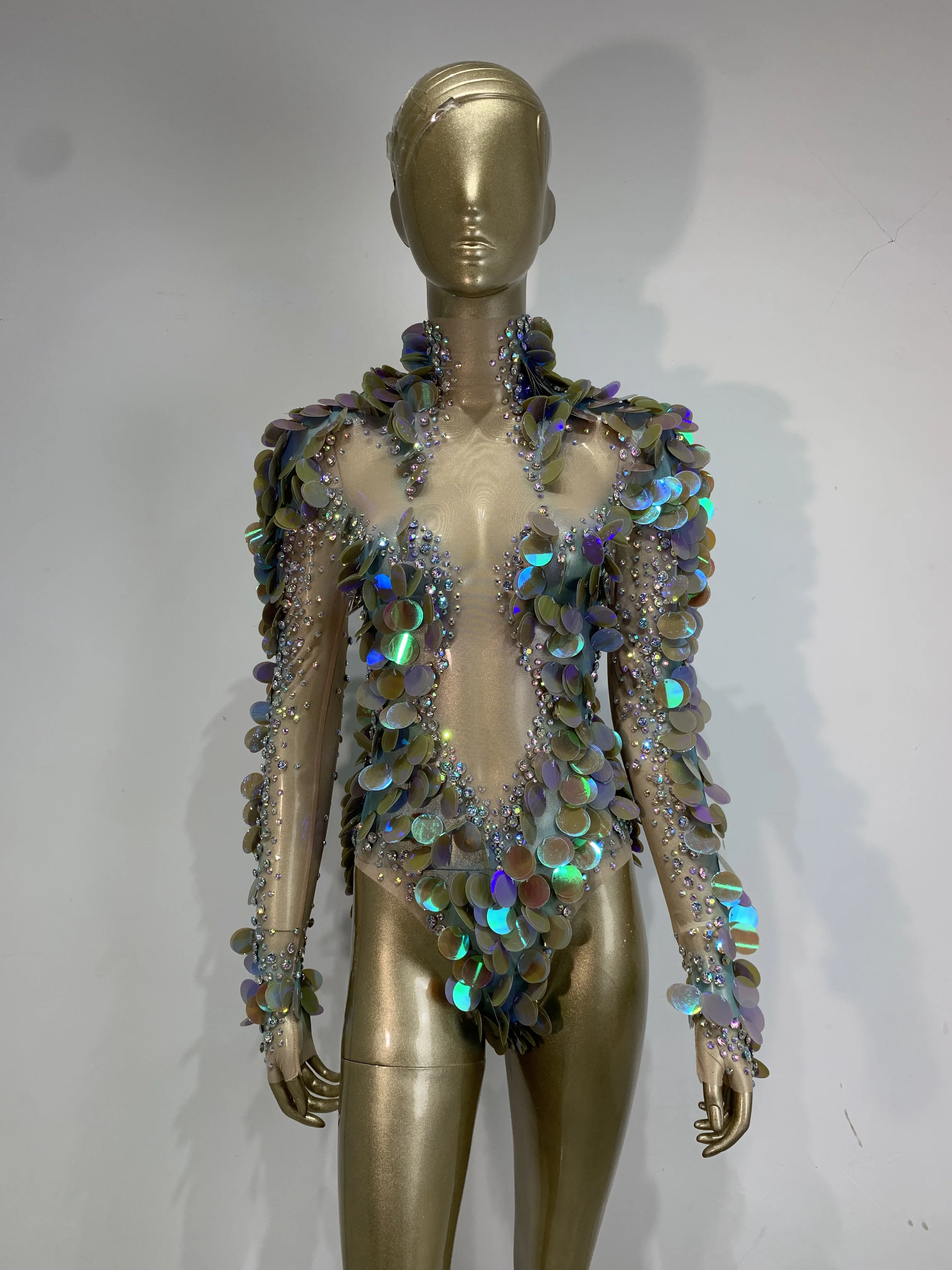 Women Sexy Mesh Long Sleeved Shining Diamond Sequins Bodysuit Luxury Birthday Dancer Performance Costume Nightclub Stage Outfit