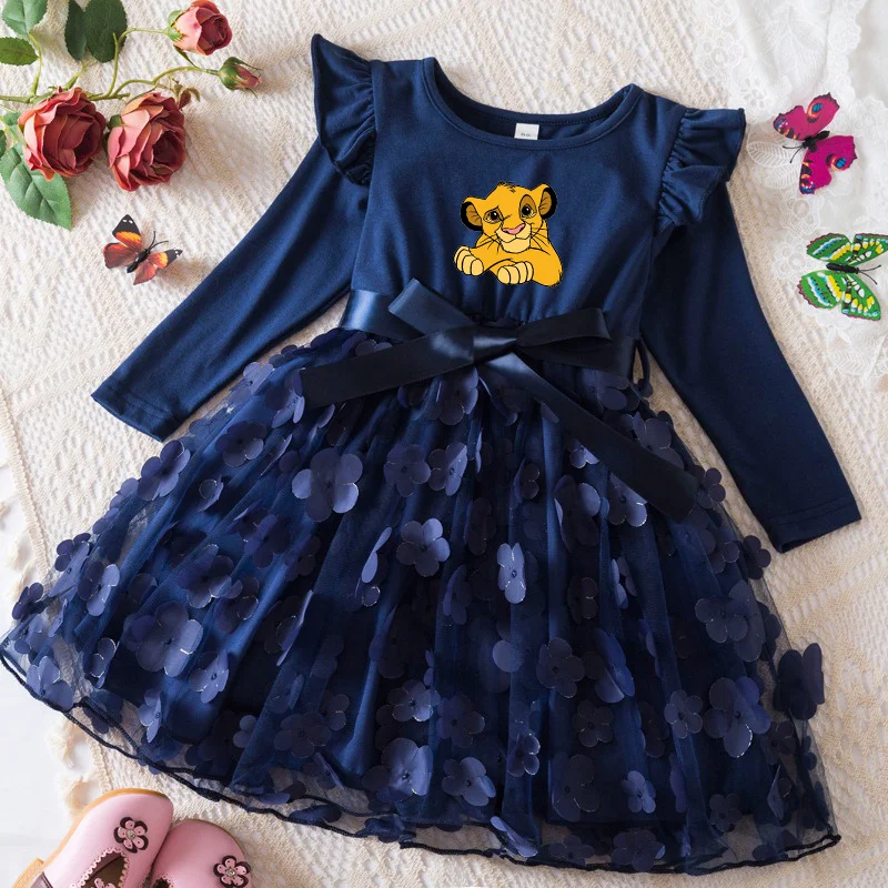 The Lion King Girl Baby Dresses Spring Autumn Child Long Sleeve Sweet Princess Dress Mesh Newborn Dress Birthday Party 2-6Y