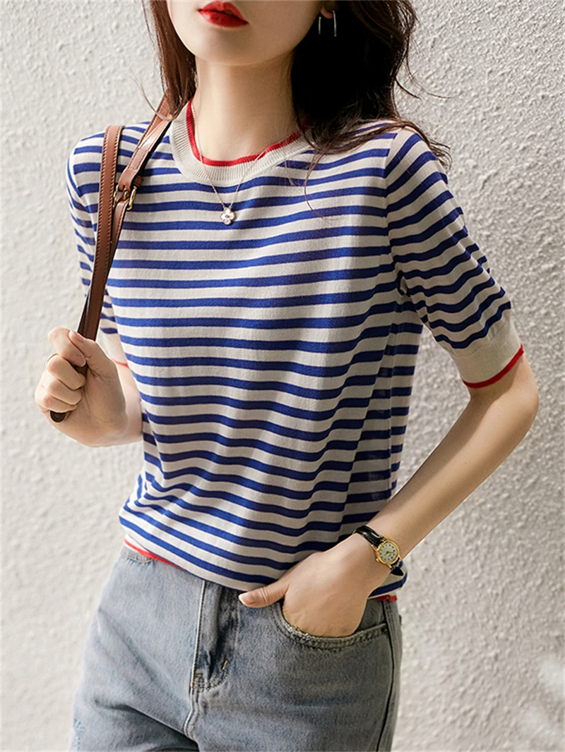 Summer New Contrast Stripe Short sleeved T-shirt Women\'s Round Neck Knitwear Women\'s Top 7555