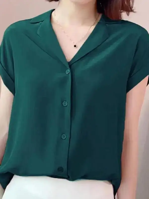 

High-End Ice Silk Chiffon Summer irt Loose ort Sve Women's Faion Korean Sle Collar Button Detail Polyester Fiber