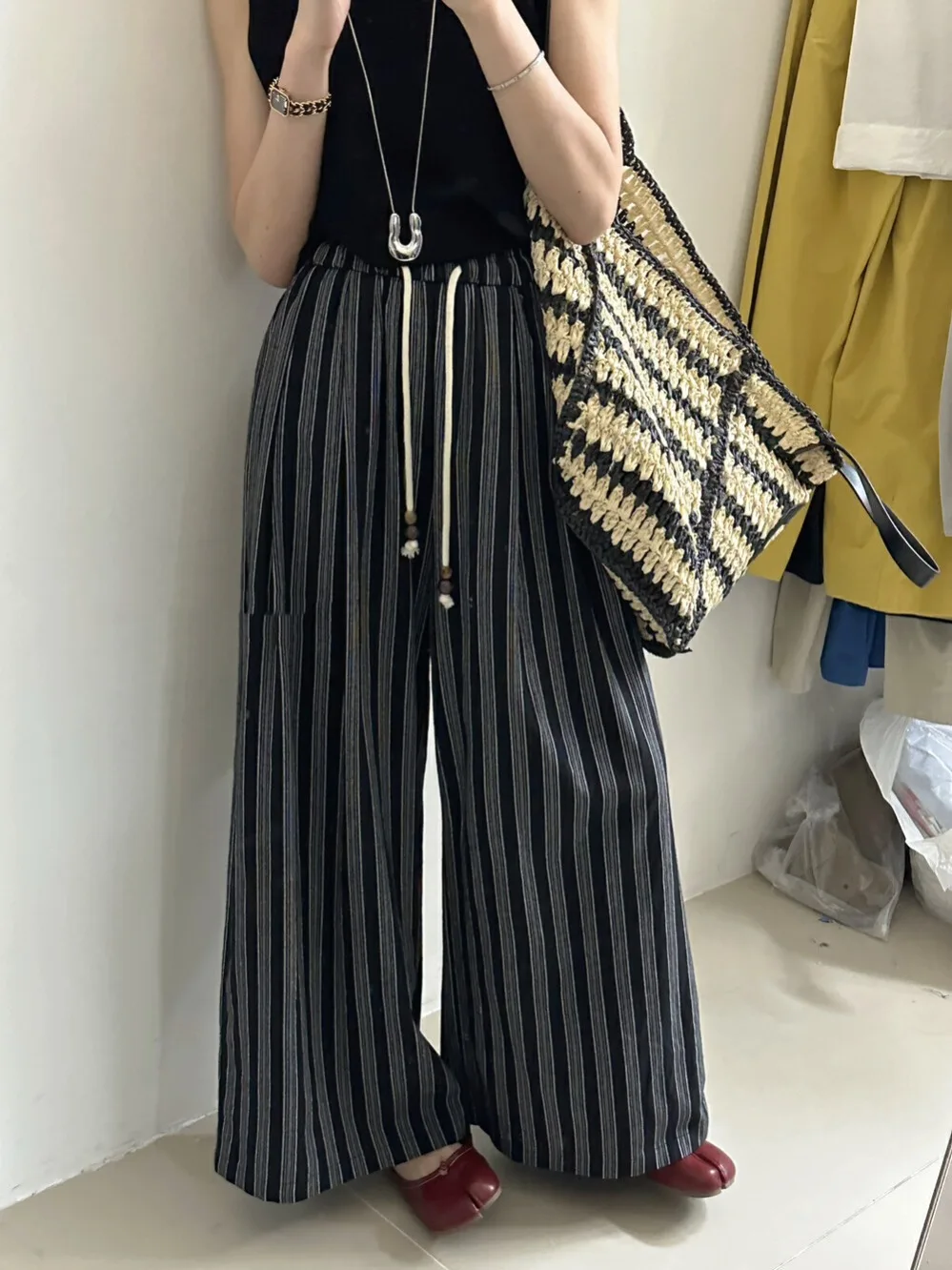 فضفاض واسعة الساق سراويل تقليدية المرأة شريط تنوعا Faionable مستقيم قطع بنطلون الربيع الصيف جديد وصول بوابة دونغدا