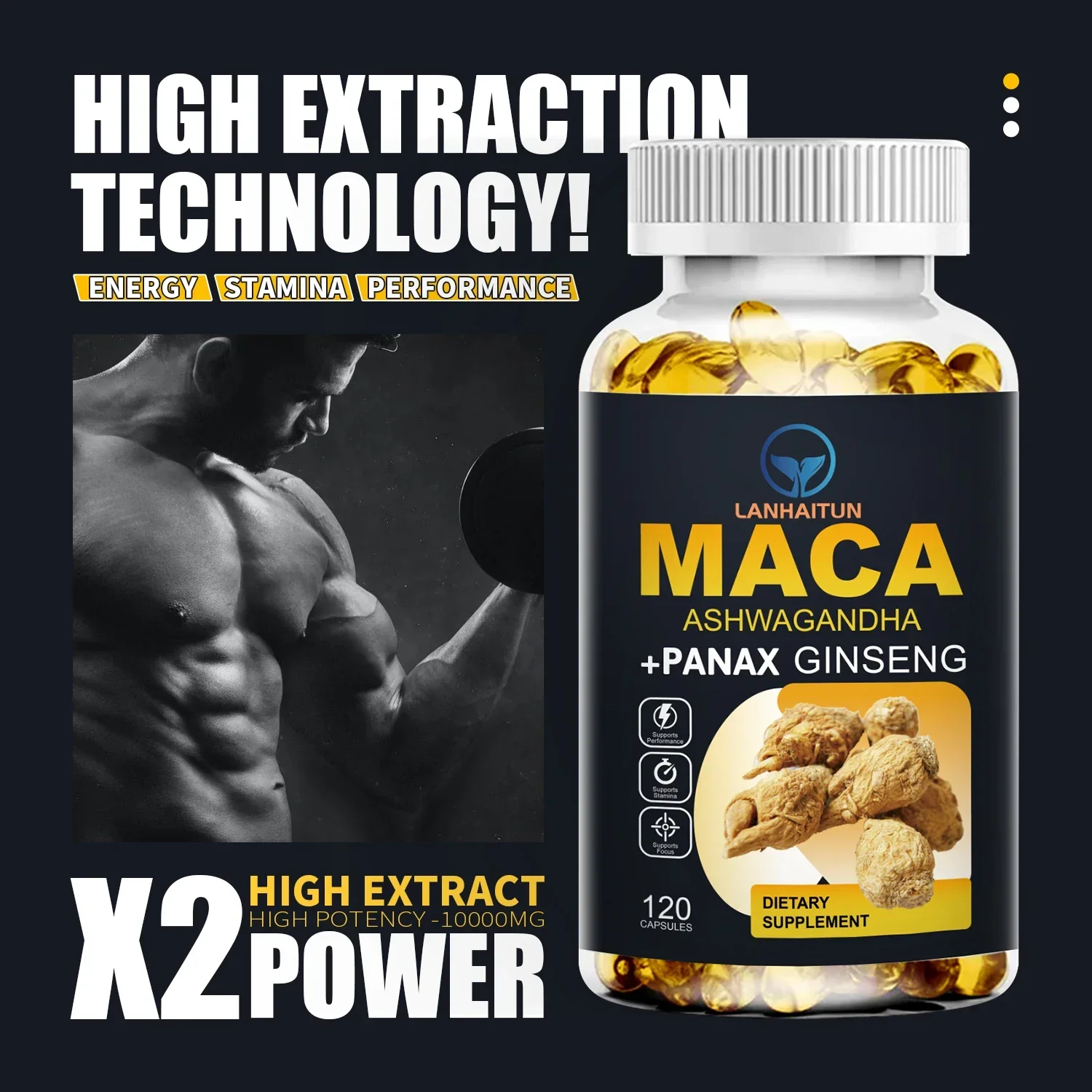 LANHAITUN Best Long Lasting Erection Capsules Maca Root Capsules Korean Ginseng Black+Red+Yellow Maca Root, Potent Highly Pure