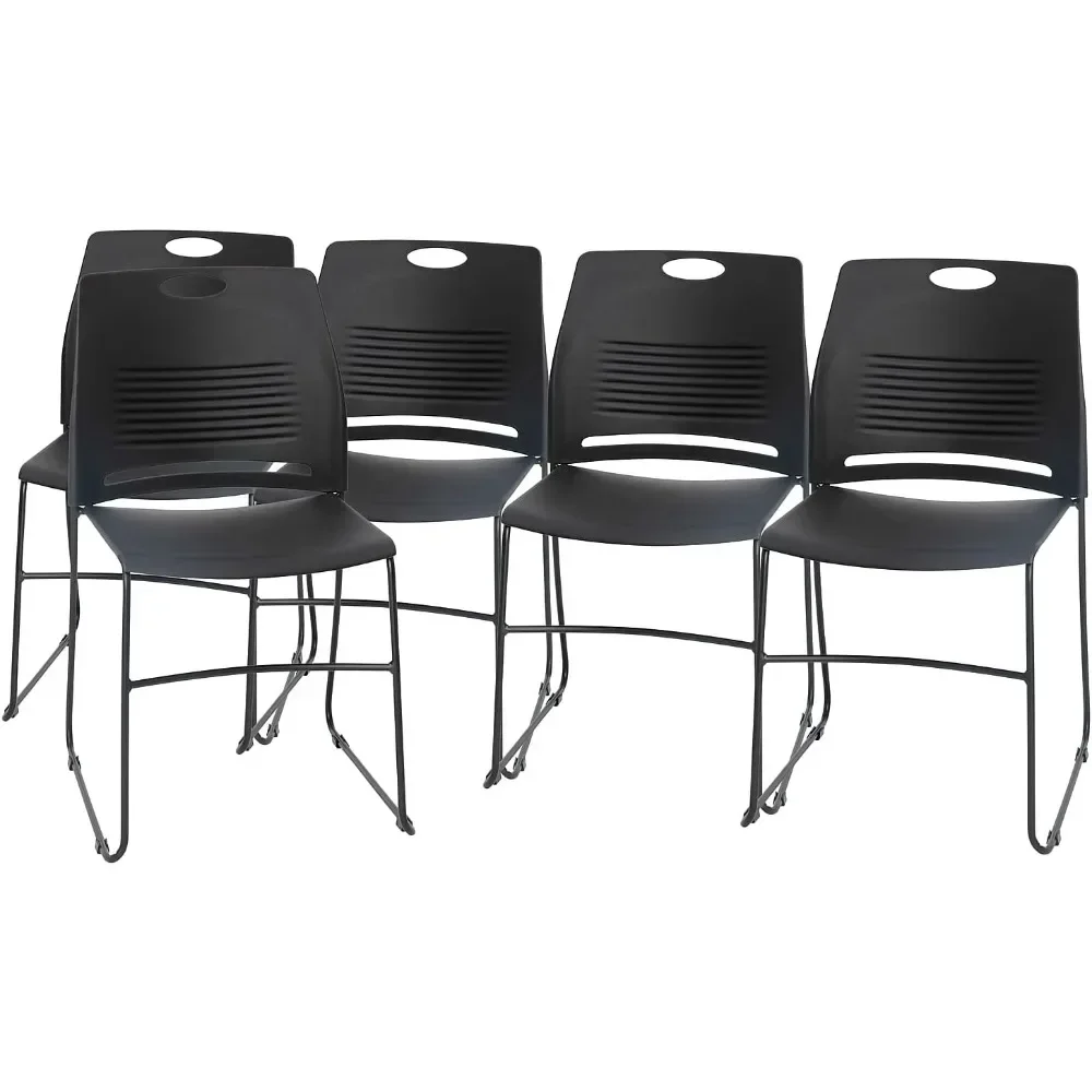 Set of 5 Commercial Stack Chair - 660 lb. Capacity - Durable Black Perforated Plastic Back - Black Powder Coated Steel Sled Base